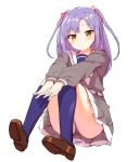  1girl a_k_o ass blue_legwear blush character_request full_body kneehighs loafers long_hair looking_at_viewer panties pleated_skirt purple_hair school_uniform serafuku shoes simple_background sitting skirt solo tsurime two_side_up underwear white_background yellow_eyes yumemiru_prima_girl 