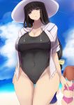  3girls beach black_hair black_swimsuit breasts brown_eyes covered_navel cowboy_shot girls_und_panzer gluteal_fold hat highres hood hoodie jacket large_breasts long_hair looking_at_viewer mature multiple_girls nishizumi_miho nishizumi_shiho one-piece_swimsuit solo_focus standing sun_hat swimsuit white_hat white_jacket wide_hips yuzumiya_mono 