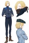  1boy blonde_hair braid closed_eyes cross-laced_footwear crossed_arms fuji_(c-b-s) green_eyes hair_over_one_eye hands_in_pockets hat male_focus plaid plaid_scarf scarf shirt striped striped_shirt track_suit yuri!!!_on_ice yuri_plisetsky 