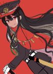  1girl black_hair black_hat cape demon_archer eyebrows_visible_through_hair fate/grand_order fate_(series) gloves hat highres izumo_neru long_hair looking_at_viewer red_cape red_eyes sketch smile solo white_gloves 