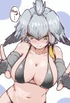  1girl bikini blush breasts collarbone detached_sleeves english fingerless_gloves gloves grey_hair hair_between_eyes hair_wings highres incoming_hug kemono_friends large_breasts multicolored_hair navel shoebill_(kemono_friends) simple_background solo speech_bubble swimsuit wo_jianqiang_fu_guo yellow_eyes 