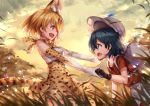  2girls animal_ears backpack bag bare_shoulders black_eyes black_gloves black_hair blonde_hair bow bowtie bucket_hat cat_ears cat_tail clouds cloudy_sky commentary_request elbow_gloves gloves hand_holding hat hat_feather high-waist_skirt kaban kemono_friends ks looking_at_another multiple_girls nature open_mouth outdoors profile red_shirt serval_(kemono_friends) serval_ears serval_print serval_tail shirt short_hair shorts skirt sky smile tail white_hat white_shorts yellow_eyes 