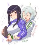  2girls ^_^ a_k_o artist_name bangs black_hair blunt_bangs blush breasts brown_eyes closed_eyes eyebrows_visible_through_hair green_hair hair_ornament hairclip holding hood hoodie jacket long_hair looking_at_another medium_breasts multiple_girls open_clothes open_hoodie open_mouth ponytail sidelocks signature simple_background sketch smile speech_bubble teeth track_jacket upper_body white_background yumemiru_prima_girl 