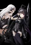  2girls ;p architect_(girls_frontline) asymmetrical_clothes bare_back black_hair gager_(girls_frontline) girls_frontline gun highres long_hair looking_at_viewer mag_(mag42) multiple_girls one_eye_closed pale_skin silver_hair thigh-highs tongue tongue_out v violet_eyes weapon yellow_eyes 