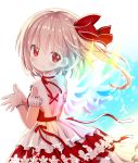  1girl alternate_costume bangs blonde_hair bracelet detached_collar dress flandre_scarlet givuchoko hair_ribbon highres jewelry layered_dress looking_at_viewer red_dress red_eyes red_ribbon revision ribbon side_ponytail smile solo touhou upper_body wings 
