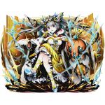  1girl ankle_ribbon breasts cape cleavage divine_gate dress eyebrows_visible_through_hair floating_hair full_body grey_eyes hood long_hair looking_at_viewer medium_breasts official_art ribbon silver_hair sitting solo transparent_background ucmm very_long_hair wrist_cuffs yellow_ribbon 