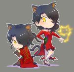  1girl alternate_costume alternate_hairstyle animal_ears black_hair cat cat_ears cat_tail chibi cinder_fall commentary_request dual_persona earrings fire hair_over_one_eye high_heels iesupa jewelry rwby sad tail tears yellow_eyes 