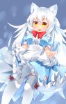  1girl animal_ears apron arctic_wolf_(kemono_friends) artist_name autumn_dawn blue_background blush bow bowtie dress highres kemono_friends long_hair open_mouth tail thigh-highs white_hair wolf_ears wolf_tail yellow_eyes 