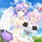  &gt;_&lt; 2girls bangs blue_eyes blush braid breasts choujigen_game_neptune cleavage closed_eyes eggplant female four_goddesses_online:_cyber_dimension_neptune gloves hair_ornament height_difference highres long_hair mctom multiple_girls neptune_(choujigen_game_neptune) neptune_(series) open_mouth power_symbol purple_hair purple_heart short_hair wings 