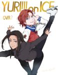  2girls black_hair blue_eyes copyright_name fuji_(c-b-s) ice_skates jacket mila_babicheva multiple_girls redhead sara_crispino skates smile standing standing_on_one_leg track_jacket violet_eyes yuri!!!_on_ice 