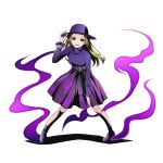  1girl blonde_hair divine_gate floating_hair full_body hand_on_headwear hand_on_own_knee hat leaning_forward long_hair looking_at_viewer official_art open_mouth purple_hair purple_legwear purple_skirt red_eyes skirt socks solo standing sun_hat transparent_background ucmm 