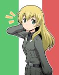  1girl anzio_military_uniform bangs belt black_shirt blonde_hair carpaccio commentary_request flag_background girls_und_panzer green_eyes hair_over_shoulder hand_in_hair hand_up haniwa_(leaf_garden) highres italian_flag jacket long_hair long_sleeves looking_at_viewer military military_uniform shirt sidelocks solo surprised uniform upper_body 
