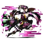  1girl black_boots boots breasts detached_sleeves divine_gate eyebrows_visible_through_hair fan from_side full_body holding holding_fan jewelry large_breasts long_hair official_art ponytail purple_hair purple_ribbon ribbon ring sash shadow sideboob solo transparent_background ucmm yellow_eyes 