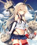  1girl anchor_hair_ornament blonde_hair clouds elbow_gloves gloves hair_ornament hairband highleg highleg_panties highres io_enishi kantai_collection lifebuoy long_hair looking_at_viewer midriff navel panties rensouhou-chan school_uniform serafuku shimakaze_(kantai_collection) sky solo star_(sky) starry_sky thigh-highs underwear very_long_hair white_gloves yellow_eyes 