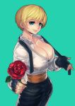  1girl absurdres aqua_background blue_eyes breasts cleavage collarbone fengmo fingerless_gloves flower gloves highres king_(snk) large_breasts looking_at_viewer rose ryuuko_no_ken short_hair smile solo the_king_of_fighters 