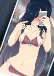  1girl black_hair bow bow_bra bra cellphone collarbone covered_eyes hair_over_one_eye hair_ribbon hayashimo_(kantai_collection) highres kantai_collection long_hair mirror navel panties phone red_bra red_panties ribbon ru2n131 self_shot smartphone solo standing stomach underwear underwear_only very_long_hair white_ribbon 