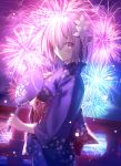  1girl alternate_costume backlighting blush breasts bridge closed_mouth commentary_request cowboy_shot fan fate/grand_order fate_(series) fireworks floral_print flower from_side hair_flower hair_ornament hair_over_one_eye japanese_clothes kimono lavender_eyes lavender_hair looking_at_viewer looking_to_the_side night obi official_style paper_fan revision sash shielder_(fate/grand_order) shinooji short_hair smile solo uchiwa wide_sleeves yukata 