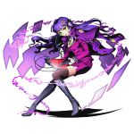  1girl black_gloves black_hair boots divine_gate floating_hair full_body gloves hair_ornament hairclip headphones high_heels holding knee_boots long_hair neck_ribbon official_art open_mouth purple_hair purple_skirt ribbon shadow skirt solo thigh-highs transparent_background ucmm yellow_eyes yellow_ribbon zettai_ryouiki 
