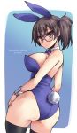  1girl animal_ears artist_name bespectacled breasts brown_eyes brown_hair bunnysuit dated detached_collar glasses highres kaga_(kantai_collection) kantai_collection leotard long_hair looking_back playboy_bunny_leotard rabbit_ears shinshin side_ponytail solo tail thigh-highs wrist_cuffs 
