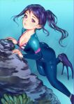  1girl ariatsuki blue_bodysuit blue_hair bodysuit breasts cleavage fins highres lips long_hair love_live! love_live!_sunshine!! matsuura_kanan open_clothes ponytail rock solo striped underwater violet_eyes wetsuit 