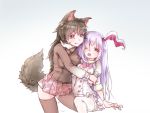  2girls animal_ears black_legwear blush breasts cosplay fur_collar imaizumi_kagerou japanese_wolf_(kemono_friends) japanese_wolf_(kemono_friends)_(cosplay) kemono_friends laoism lavender_hair long_hair mountain_hare_(kemono_friends) mountain_hare_(kemono_friends)_(cosplay) multiple_girls open_mouth purple_hair rabbit_ears red_eyes reisen_udongein_inaba skirt tail thigh-highs tongue tongue_out touhou trait_connection very_long_hair wolf_ears wolf_tail yuri 