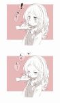  ! 1girl :o blush bow braid chin_stroking chin_tickle closed_eyes disembodied_limb greyscale hair_bow heart highres iiha_toobu kirisame_marisa long_hair long_sleeves monochrome pink_background scratching_chin side_braid single_braid solo spoken_exclamation_mark sweat touhou turtleneck vest 