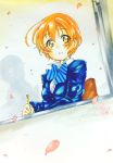  1girl blaer blue_bow blue_bowtie blush bow bowtie chair cherry_blossoms dutch_angle from_outside highres hikage_(haru_kaze_2) hoshizora_rin long_sleeves looking_at_viewer looking_out_window love_live! love_live!_school_idol_project mechanical_pencil orange_hair parted_lips pencil petals short_hair signature solo striped striped_bow striped_bowtie traditional_media window yellow_eyes 