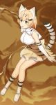  1girl animal_ears bangs bare_shoulders black_hair blonde_hair bow bowtie breasts cat_ears cat_tail cccpo elbow_gloves eyebrows_visible_through_hair full_body gloves green_eyes kemono_friends large_breasts looking_away multicolored_hair petticoat sand_cat_(kemono_friends) shirt shoes short_hair sitting skirt sleeveless socks solo streaked_hair tail white_bow white_bowtie white_gloves white_shirt yellow_skirt 