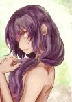  1girl bare_shoulders breasts fang_out hair_down large_breasts long_hair purple_hair red_eyes side_glance solo topless touhou yasaka_kanako yohane 