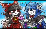  +++ 2girls =3 al_bhed_eyes ascot bangs black_hair black_hat blouse blue_background blue_hair blue_skirt blunt_bangs blush_stickers bow bowtie closed_eyes crossed_bandaids detached_sleeves eyebrows_visible_through_hair food fruit grin hair_between_eyes hair_bow hakurei_reimu hat hat_leaf hat_removed headwear_removed hinanawi_tenshi injury letterboxed line_shading long_hair messy_hair multiple_girls peach pout puffed_cheeks red_bow red_bowtie red_eyes red_skirt red_vest sidelocks skirt skirt_set smile suenari_(peace) torn_clothes torn_hat touhou vest white_blouse white_skin wide_sleeves yellow_ascot 