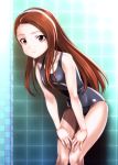  1girl brown_eyes brown_hair hairband highres idolmaster long_hair minase_iori muhi11234 name_tag one-piece_swimsuit school_swimsuit solo swimsuit 