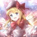  1girl :d blonde_hair blue_eyes blush bow bowtie capelet hair_bow hat large_bow lily_white long_hair long_sleeves looking_at_viewer minust open_mouth smile solo touhou wide_sleeves 