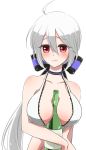  ahoge between_breasts bottle breasts choker cleavage hair_ribbon large_breasts looking_at_viewer me_ro ponytail red_eyes ribbon silver_hair swimsuit vocaloid voyakiloid yowane_haku 