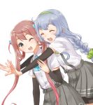  2girls ^_^ ^o^ arm_warmers artist_name asagumo_(kantai_collection) ascot bow bowtie braid brown_hair closed_eyes green_bow green_bowtie grey_eyes grey_skirt hairband kantai_collection long_hair multiple_girls nuno_(pppompon) one_eye_closed pleated_skirt shirt short_sleeves sidelocks silver_hair simple_background single_braid skirt smile suspenders twintails very_long_hair white_background white_shirt yamagumo_(kantai_collection) 