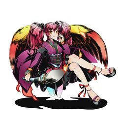  1girl ankle_ribbon divine_gate full_body hair_between_eyes hair_ornament holding long_hair official_art pink_hair red_ribbon ribbon shadow smile solo transparent_background twintails ucmm yellow_eyes 