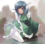  1girl animal_ears blue_hair breasts chestnut_mouth drill_hair fish_tail head_fins highres japanese_clothes kimono long_sleeves looking_at_viewer mermaid monster_girl obi pororikin rock sash sitting touhou wakasagihime wide_sleeves wolf_ears 