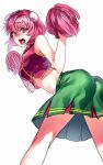  1girl adapted_costume alternate_costume ass blush bun_cover cheerleader crop_top crop_top_overhang double_bun flower full-face_blush ibaraki_kasen looking_at_viewer midriff navel open_mouth pink_eyes pink_hair pom_poms rose short_hair simple_background skirt sleeveless solo touhou uu_uu_zan white_background 