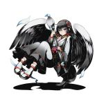  1girl absurdly_long_hair black_hair divine_gate eyebrows_visible_through_hair feathered_wings full_body grey_wings hair_ornament hair_ribbon hairband holding japanese_clothes kimono lace-trimmed long_hair official_art red_hairband red_ribbon ribbon sash shadow socks solo transparent_background ucmm very_long_hair violet_eyes white_legwear wings 