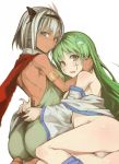  2girls armlet asatsuki_(cookie) ass back bare_shoulders blue_eyes blush cookie_(touhou) detached_sleeves facepaint feathers frog_hair_ornament green_eyes green_hair hair_ornament hair_tubes hairband head_feathers jewelry kochiya_sanae konpaku_youmu long_hair long_sleeves multiple_girls necklace no_pants nuppebbou_(cookie) panties paseri_(cookie) revision seiza short_hair silver_hair sitting tan touhou underwear 