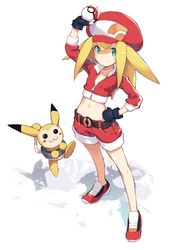  1girl arm_up belt blonde_hair cropped_jacket crossover fingerless_gloves gloves green_eyes hand_on_hip hat highres holding jacket jiyu2 long_hair midriff navel poke_ball pokemon pokemon_(creature) rockman rockman_dash roll_caskett shoes shorts smile 