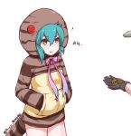 2girls aqua_hair bare_legs bow coin disco_brando english eyebrows_visible_through_hair gloves hands_in_pockets highres holding_coin hood hoodie kaban kemono_friends looking_at_another multiple_girls open_mouth pink_bow pink_ribbon ribbon simple_background snake_tail tail tsuchinoko_(kemono_friends) twitter_username white_background