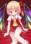  1girl ascot bangs blonde_hair blush bobby_socks collarbone fang flandre_scarlet givuchoko hair_ribbon highres looking_at_viewer open_mouth parted_lips red_eyes red_ribbon revision ribbon side_ponytail sitting socks solo touhou white_legwear wings 