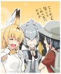  animal_ears bow bowtie bucket_hat eyebrows_visible_through_hair fingersmile gloves hat head_wings highres kaban kemono_friends long_hair multicolored_hair multiple_girls pocket serval_(kemono_friends) serval_ears serval_print shirt shoebill_(kemono_friends) sleeveless sleeveless_shirt smile translation_request two-tone_hair yumbotsugaruno 