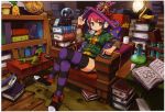  1girl armchair black_border book book_stack border cat chair chan_co converse earphones green_eyes hand_on_headwear hat highres lamp legs_crossed lizard looking_at_viewer mouth_hold original pink_hair purple_legwear shoes shorts sneakers solo striped striped_legwear study thigh-highs witch_hat 