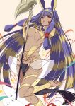  1girl :o barefoot bracelet breasts dark_skin earrings egyptian egyptian_clothes facial_mark fate/grand_order fate_(series) hairband hoop_earrings jewelry long_hair looking_at_viewer medjed multicolored_hair mutou_kurihito nitocris_(fate/grand_order) open_mouth purple_hair sidelocks solo staff two-tone_hair under_boob very_long_hair violet_eyes 