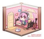  1girl bed cat character_name chibi cup door food full_body guitar hair_between_eyes headphones hood hoodie instrument long_hair lowres macaron minoa_(lastswallow) mug nitroplus pink_hair red_eyes room star star_print super_sonico text window 