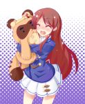  1girl aikatsu! blush brown_hair closed_eyes eyebrows_visible_through_hair highres holding holding_stuffed_animal hug long_hair long_sleeves looking_at_another miiyon open_mouth school_uniform shibuki_ran skirt smile solo stuffed_animal stuffed_toy white_skirt 