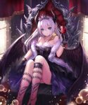  1girl aqua_eyes arm_up bare_shoulders black_dress black_gloves black_wings breasts cleavage closed_mouth crown cup dress drink garters gloves horns jewelry long_hair looking_at_viewer lunacle necklace original pointy_ears seat solo white_hair wings 
