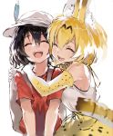  2girls ^_^ animal_ears backpack bag bare_shoulders black_hair bow bowtie breasts bucket_hat closed_eyes elbow_gloves eyebrows eyebrows_visible_through_hair facing_another facing_viewer gloves hair_between_eyes happy hat hat_feather hug kaban kemono_friends medium_breasts multiple_girls nauribon open_mouth orange_hair red_shirt serval_(kemono_friends) serval_ears serval_print serval_tail shirt short_hair short_sleeves sideboob simple_background skirt sleeveless sleeveless_shirt smile striped_tail tail teeth upper_body upper_teeth white_background white_hat white_shirt |d 