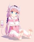  1girl :&lt; black_hairband blue_eyes commentary_request dragon_girl dragon_horns feet hairband highres horns kanna_kamui kobayashi-san_chi_no_maidragon long_hair looking_at_viewer pink_background simple_background sitting skyneko solo tail thigh-highs toes twintails white_legwear 